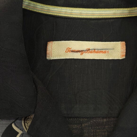 Tommy Bahama‎ Shirt Mens Large Black Floral Frond Hawaiian Wood Button 100% Silk - Picture 3 of 11